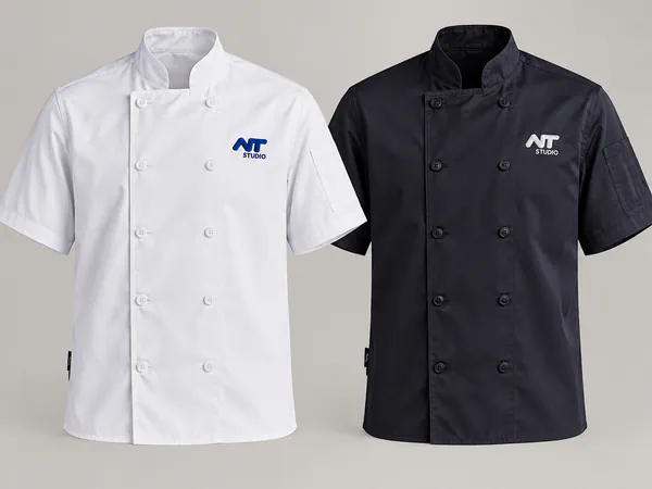 Chaquetas de cocina blanca y negra con bordado en el pecho