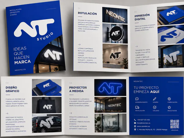 Tríptico corporativo abierto con fotos de trabajos