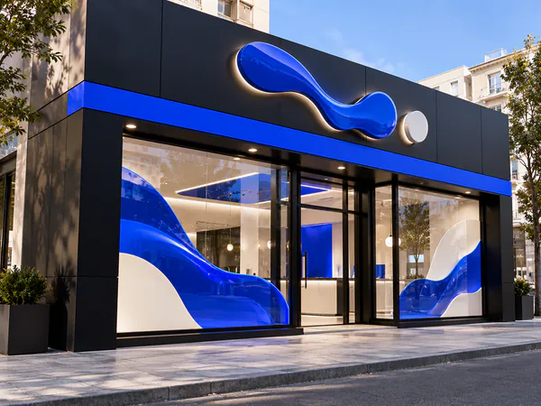 Fachada de local con revestimiento negro, franja azul y rótulo en relieve