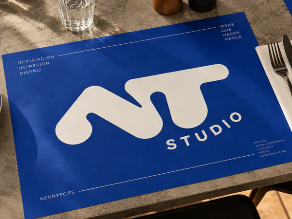 Mantel individual de papel azul con el logotipo en una mesa
