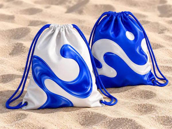 Mochilas de cuerdas blanca y azul estampadas con formas orgánicas