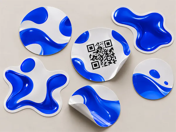 Pegatinas troqueladas azules y blancas, una de ellas con código QR
