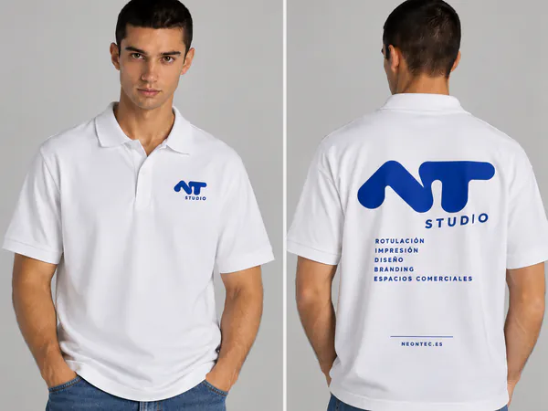 Polo blanco con el logotipo azul en el pecho y en la espalda