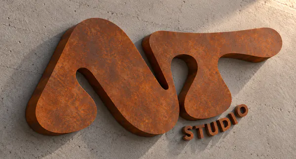Logotipo NT en letras corpóreas de acero corten