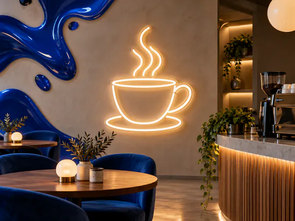 Neón blanco cálido con forma de taza de café en una cafetería
