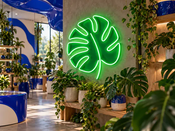 Neón verde con forma de hoja de monstera en una tienda de plantas